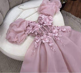 Pretty Ball Gown Strapless Short Sleeves Pink Hand Made Flowers Prom Dresses Long Evening Dress HZ1024