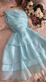 20th Birthday A line One Shoulder Blue Short Homecoming Dresses Birthday Party Dress HZ1024