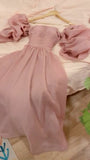 Simple A Line Strapless Short Sleeves Pink Organza Prom Dresses Long Evening Dress HZ1024