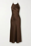 Simple A Line Spaghetti Straps Long Silk Satin Brown Prom Dresses Evening Dress HZ1024