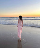 Elegant Sheath Spaghetti Straps Pink Lace Long Prom Dresses Evening Gowns HZ1024