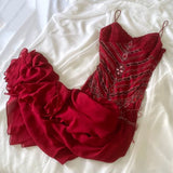Elegant Sheath Spaghetti Straps Red Chiffon Long Prom Dresses Evening Gowns With Beads HZ1024