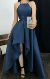 Vintage High Low Halter Navy Blue Satin Prom Dresses Evening Gowns HZ1024