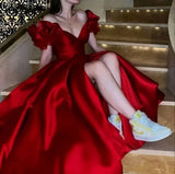 Vintage Ball Gown V Neckline Satin Slit Prom Dresses Evening Gowns With Fold HZ1024
