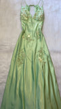 Vintage Sheath Spaghetti Straps Mint Green Lace Floor Length Prom Dresses Backless Evening Dress HZ1024