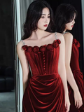 Vintage Mermaid Burgundy Velvet Long Prom Dresses HZ1024