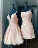 2025 Cute A line Spaghetti Straps Sleeveless Appliques Tulle Short Homecoming Dresses HZ1024
