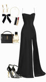 Elegant Mermaid Spaghetti Straps Black Slit Long Prom Dresses Party Dress HZ1024