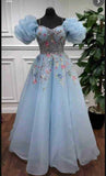 Elegant A Line Square Neckline Short Puffy Sleeves Blue Organza Long Prom Dresses Evening Dress HZ1024