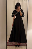 Elegant A line Short Sleeves Black V Neckline Satin Party Dress Prom Dresses Evening Dress HZ1024