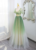 Elegant A line Sweetheart Short Sleeves Ombre Green Tulle Party Dress Prom Dresses Evening Dress HZ1024