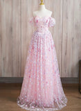 Elegant A line Off The Shoulder Short Sleeves Floral Pink Tulle Party Dress Prom Dresses Evening Dress HZ1024