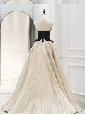 Pretty Ball Gown Strapless Tulle Layers Long Champagne Ruffles Prom Dresses Sweet 16 Dresses With Gloves HZ1024