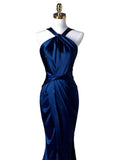 Sexy Mermaid High Neckline Navy Blue Satin Evening Dress Long Prom Dresses Party Dress With Ruffles HZ1024