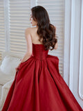 Elegant Ball Gown Strapless Burgundy Satin Long Prom Dress Evening Dresses HZ1024