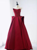 Elegant Ball Gown Strapless Burgundy Satin Long Prom Dress Evening Dresses HZ1024
