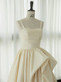 Chic High Low Straps Sleeveless Ivory Satin Wedding Dresses With Ruffles HZ1024