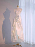 Chic High Low Spaghetti Straps Sleeveless White Satin Wedding Dresses With Ruffles HZ1024