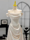 Chic Mermaid Strapless Short Sleeves White Satin Wedding Dresses With Ruffles HZ1024