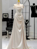 Chic Mermaid Strapless Short Sleeves White Satin Wedding Dresses With Ruffles HZ1024