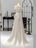 Chic Mermaid Strapless Short Sleeves White Satin Wedding Dresses With Ruffles HZ1024