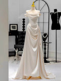 Chic Mermaid Strapless Short Sleeves White Satin Wedding Dresses With Ruffles HZ1024