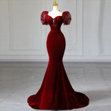 Elegant Mermaid Sweetheart Burgundy Short Sleeves Long Prom Dress Evening Dresses HZ1024