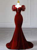 Elegant Mermaid Sweetheart Burgundy Short Sleeves Long Prom Dress Evening Dresses HZ1024