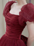 Elegant Ball Gown Sweetheart Burgundy Short Sleeves Long Prom Dress Evening Dresses HZ1024