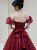 Elegant Ball Gown Sweetheart Burgundy Short Sleeves Long Prom Dress Evening Dresses HZ1024