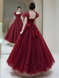 Elegant Ball Gown Sweetheart Burgundy Short Sleeves Long Prom Dress Evening Dresses HZ1024