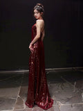 Sexy Mermaid V Neckline Burgundy Sequin Prom Dresses Evening Dress With Beads HZ1024