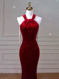 Sexy Mermaid Halter Red Velvet Long Prom Dresses Evening Dress HZ1024