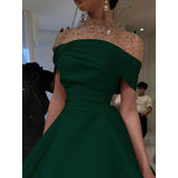 Elegant A-Line Evening Gown Elegant Dress Formal Floor Length Short Sleeve Illusion Neck Satin with Ruched Beading Prom Dress HZ1024