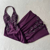 Classy A Line Halter Grape Satin Party Dress Prom Dresses Evening Dress HZ1024
