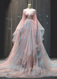 Elegant Ball Gown Off The Shoulder Pink Chiffon Long Prom Dress Evening Dresses HZ1024