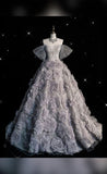 Pretty Ball Gown Off The Shoulder Gray Tulle Flowers Evening Dress Prom Dresses HZ1024