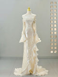 Pretty Mermaid Off The Shoulder Long Sleeves Sequin Evening Dress Prom Dresses With Ruffles HZ1024