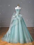 Pretty Ball Gown Sweetheart Tulle Green Long Evening Dress Prom Dresses With Ruffles HZ1024