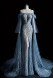 Vintage Mermaid Off The Shoulder Long Sleeves Tulle Blue Evening Dress Prom Dresses With Lace HZ1024