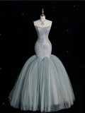 Vintage Mermaid Strapless Tulle Gray Long Evening Dress Prom Dresses With Lace HZ1024