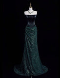 Vintage Mermaid Strapless Sequin Dark Green Long Evening Dress Prom Dresses With Ruched HZ1024