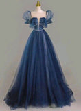 Pretty A Line Short Puffy Sleeves Navy Blue Long Evening Dress Prom Dresses With Beads HZ1024