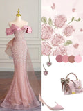 Elegant Mermaid Off The Shoulder Sequin Pink Short Sleeves Long Prom Dresses HZ1024
