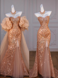 Sparkly Mermaid Sweetheart Sequin Long Slit Gold Evening Dress Prom Dresses With Beads HZ1024