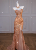 Sparkly Mermaid Sweetheart Sequin Long Slit Gold Evening Dress Prom Dresses With Beads HZ1024