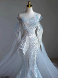 Elegant Mermaid Strapless Sequin Sky Blue Evening Dress Long Prom Dresses HZ1024