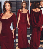 Vintage Sheath Boat Neckline Burgundy Velvet Long Length Prom Dresses Birthday Outfits HZ1024