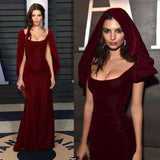 Vintage Sheath Boat Neckline Burgundy Velvet Long Length Prom Dresses Birthday Outfits HZ1024