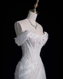 Elegant Mermaid Off The Shoulder Sequin Long White Wedding Dresses HZ1024